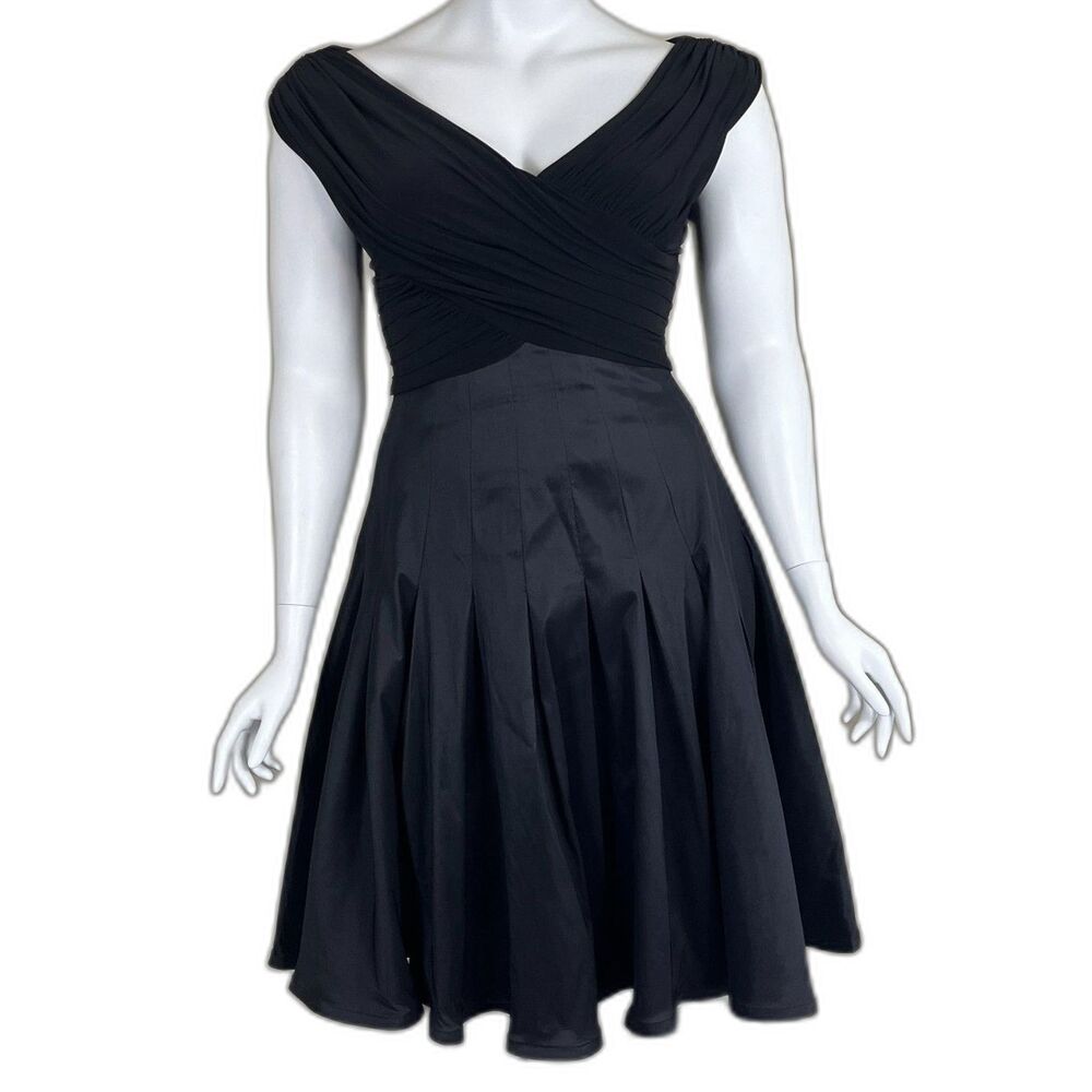Adrianna Papell Women's Size 14 Black Pleated Taffeta Cocktail Swing Midi Dress